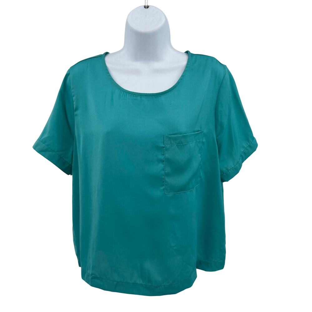Pleione Blouse Short Sleeve Pocket Top WMNS L Teal Lightweight Minimalist Casual